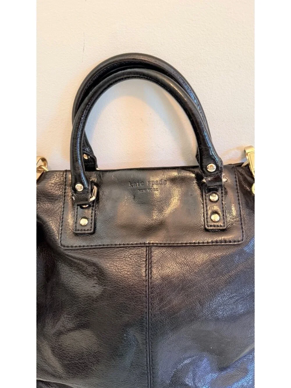Kate Spade Black Leather Crossbody Tote With Polka Dot Lining & Adjustable Strap